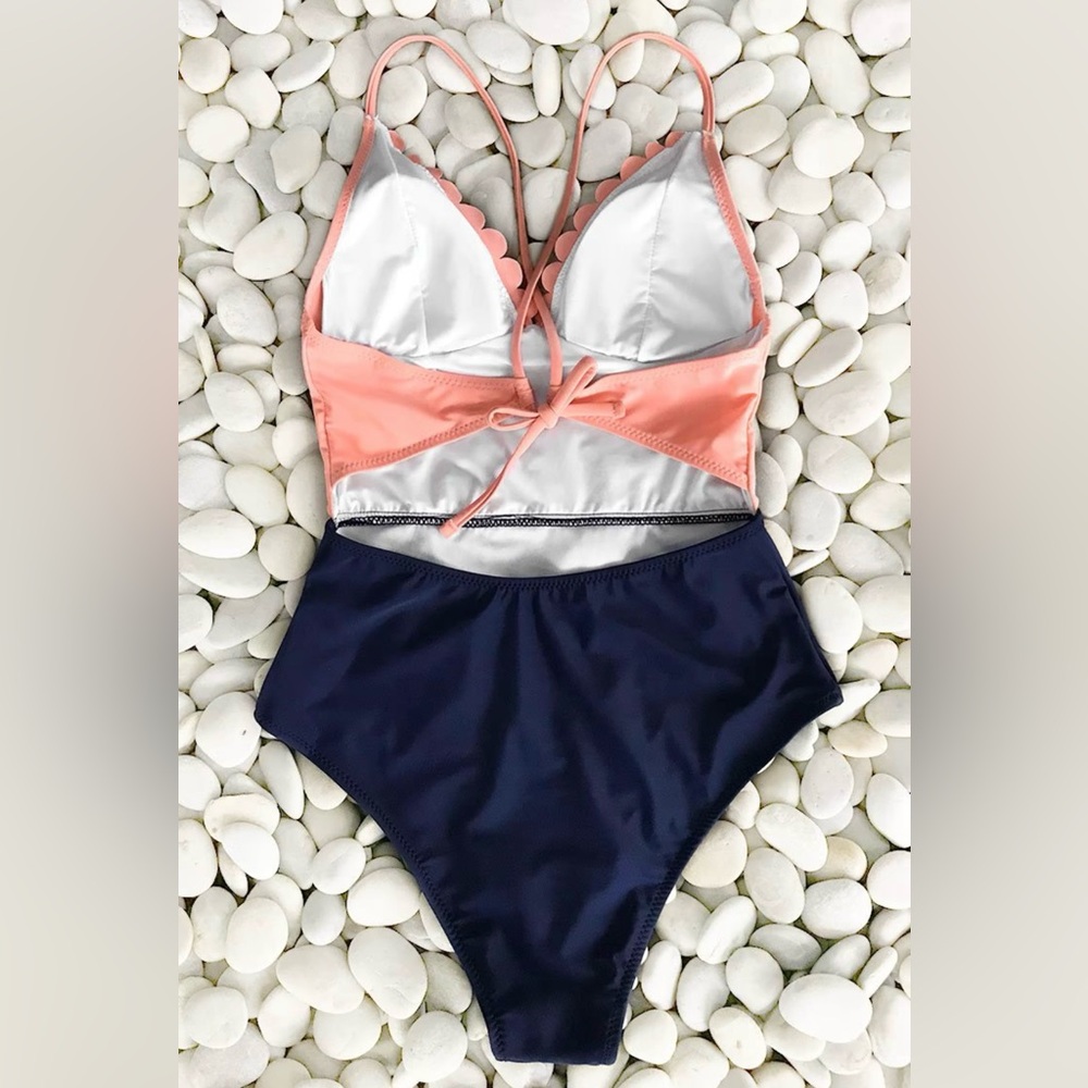 Cupshe Lucky Star Coral and Navy Blue One Piece Swimsuit Size Small - Picture 3 of 10